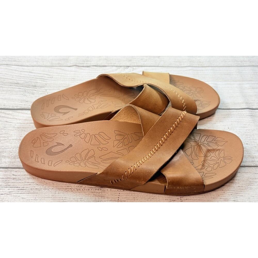 OluKai Women’s Kipe'a Olu Sandals Beige Leather Slide Comfort Slip On Size 11 - Picture 5 of 7